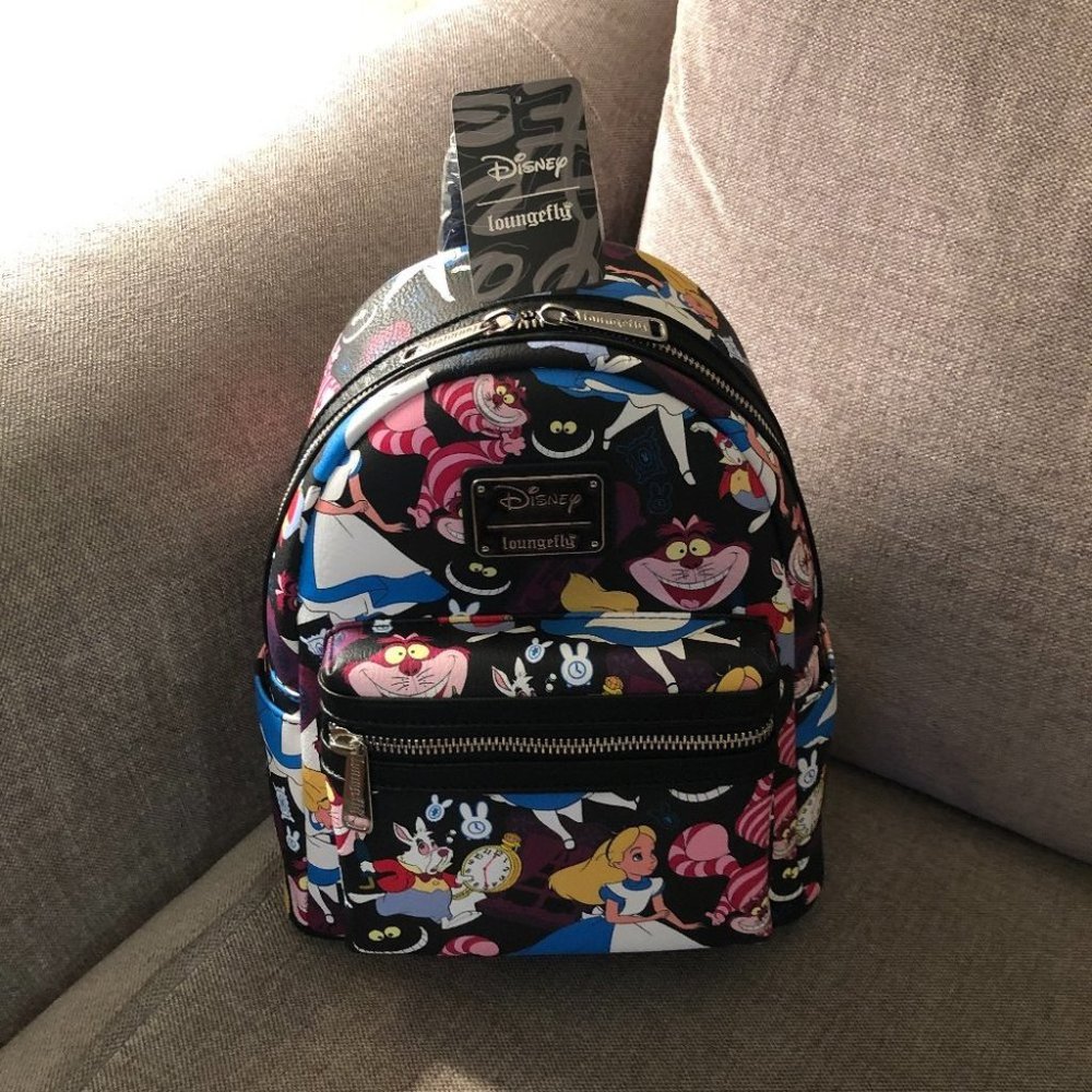 NWT Loungefly Disney Alice in Wonderland Rainbow AOP Black Mini Backpack Purse